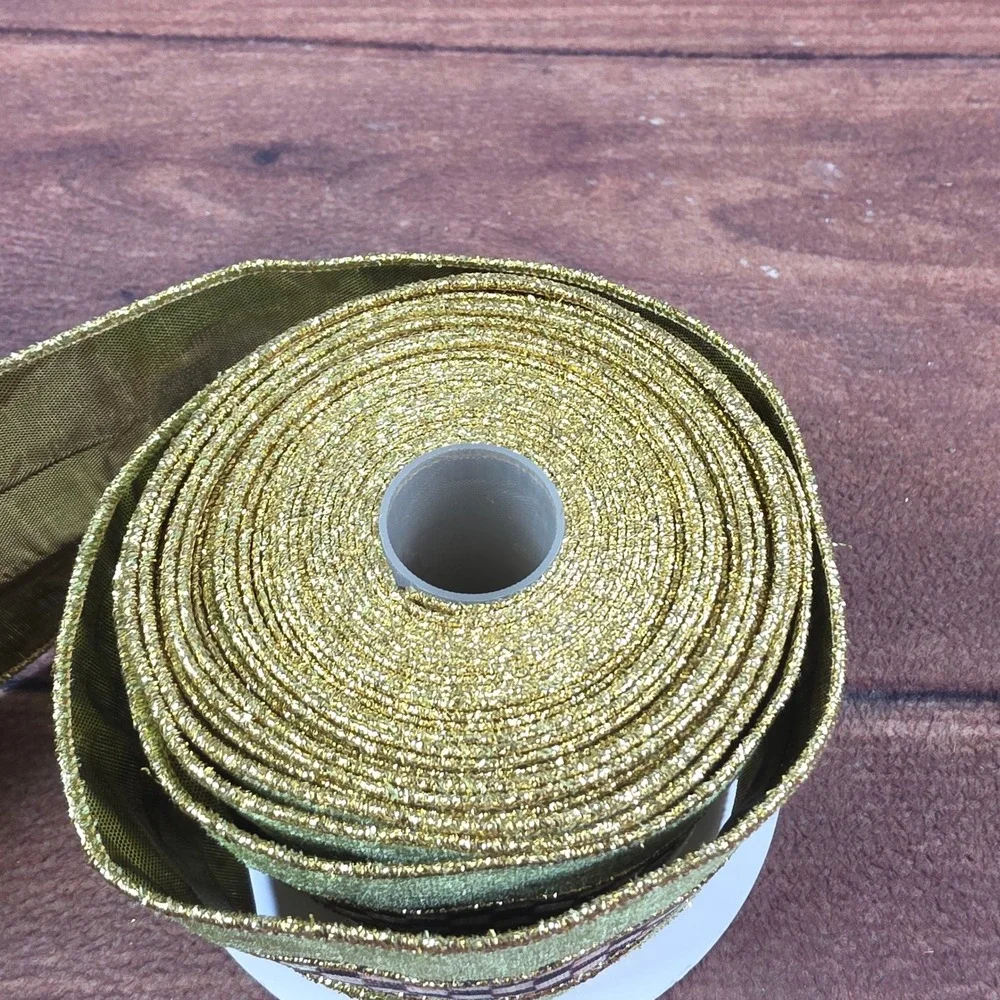 MacKenzie-Childs Wired Ribbon Green Gold Good Courtly Check Velvet 2in Wide